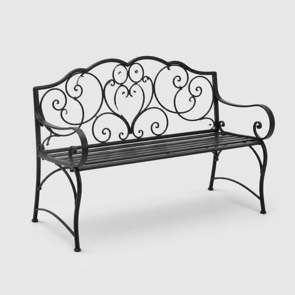 Banc de jardin en fer forgé noir trois places à volutes classiques