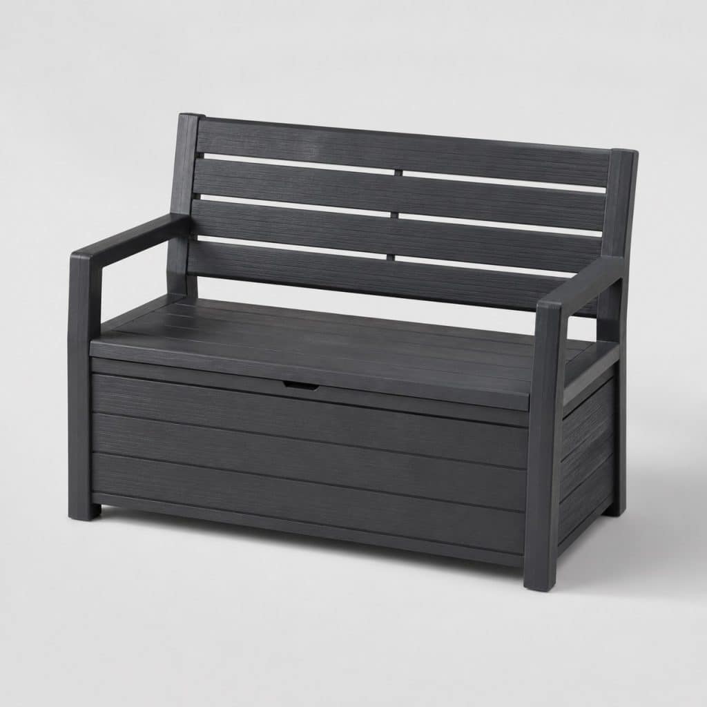 Banc de jardin en résine grise deux places avec assise-coffre