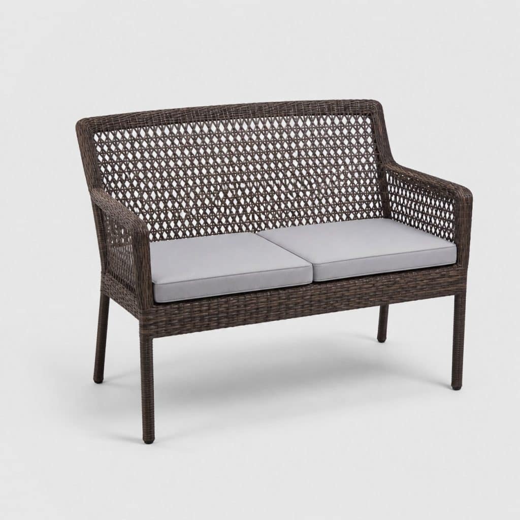 Banc de jardin 2 places en poly rotin brun avec coussins gris