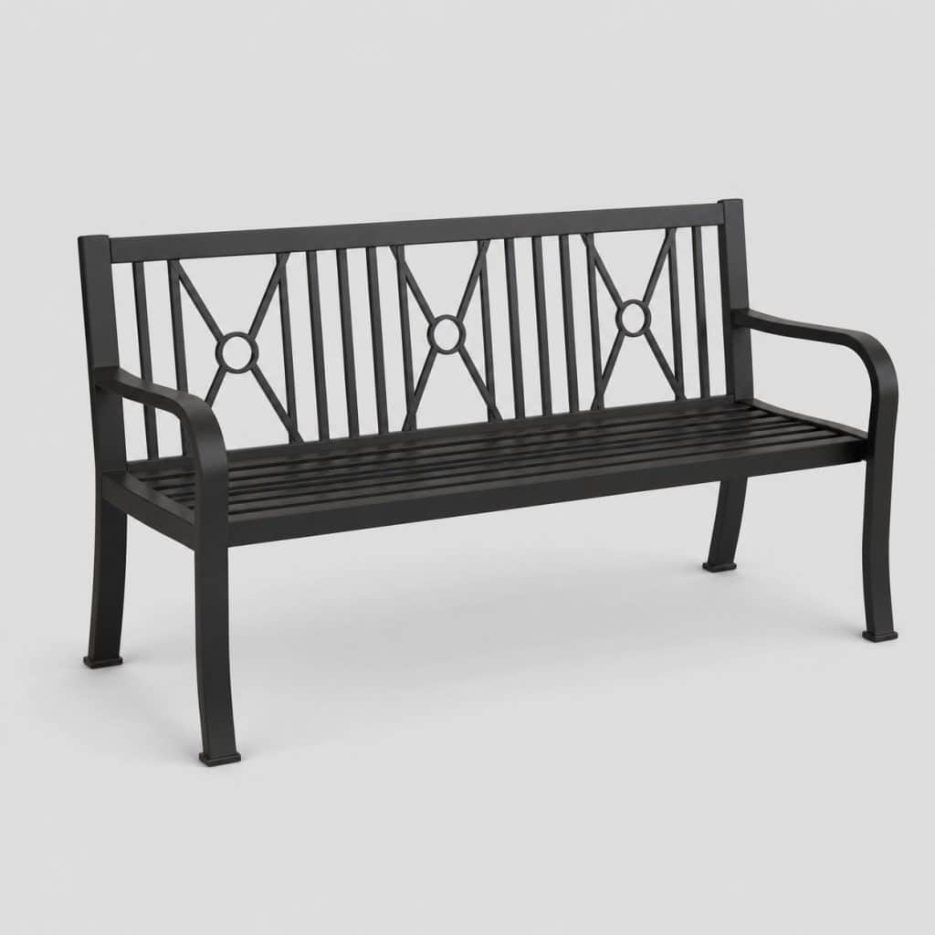 Banc de jardin en métal noir trois places à barreaux d'acier