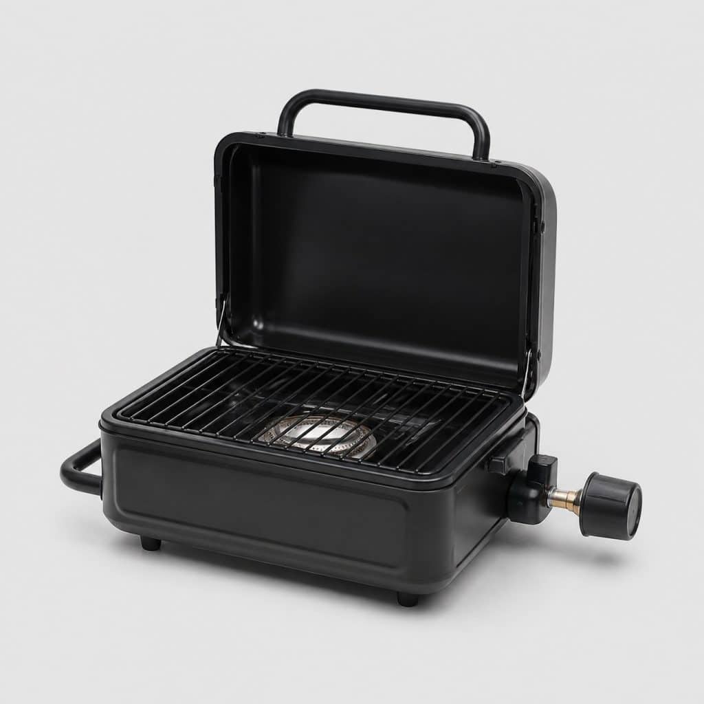 Petit barbecue à gaz de camping portable à un brûleur vu de trois quarts sur fond neutre