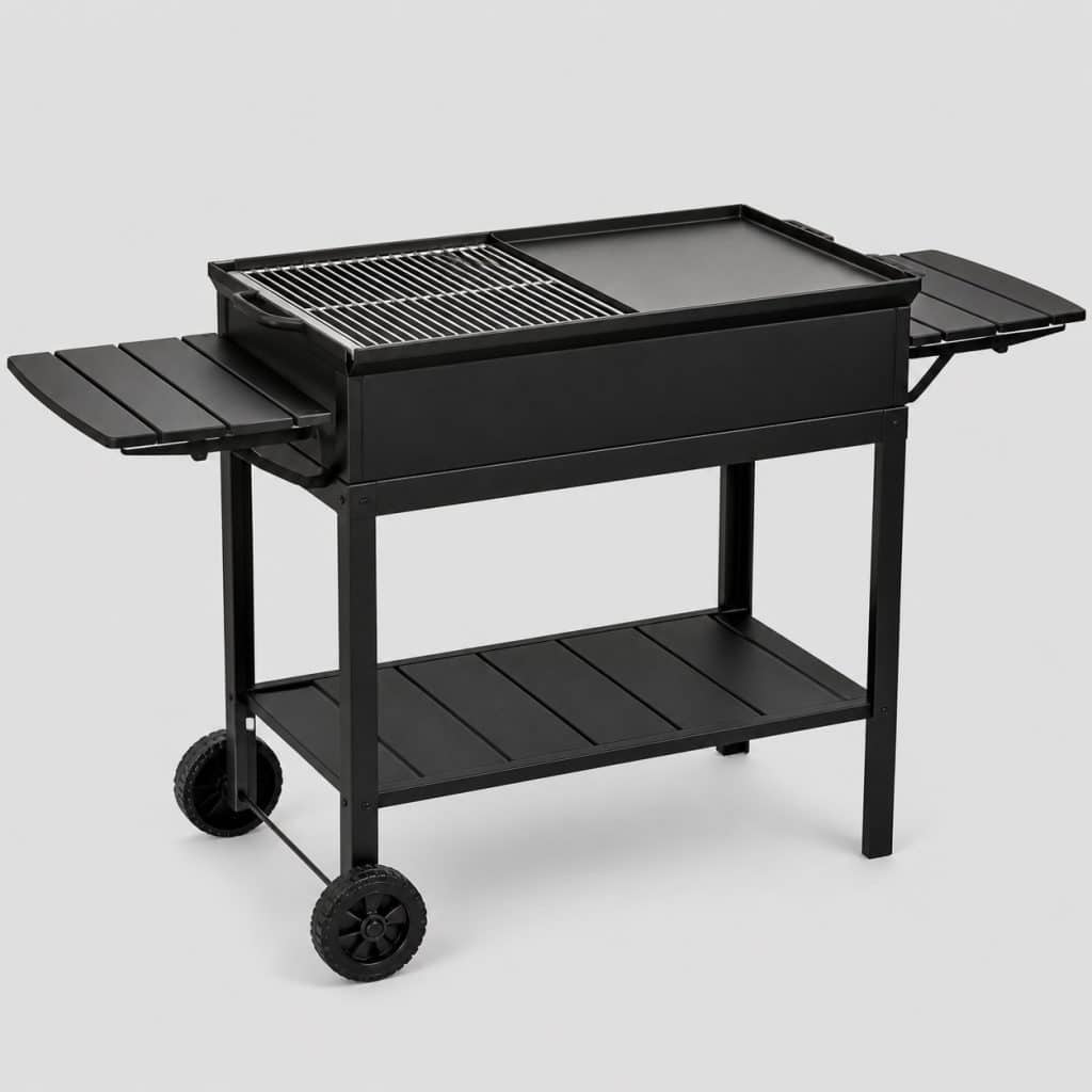 Barbecue à charbon combiné grille et plancha sur cuve rectangulaire noire