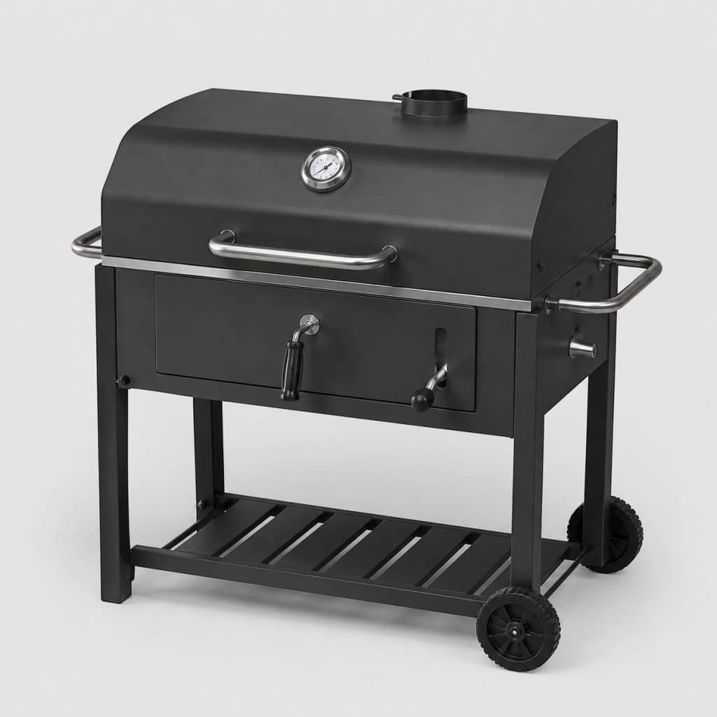 Barbecue à charbon avec grille en fonte nervurée et cuve rectangulaire noire