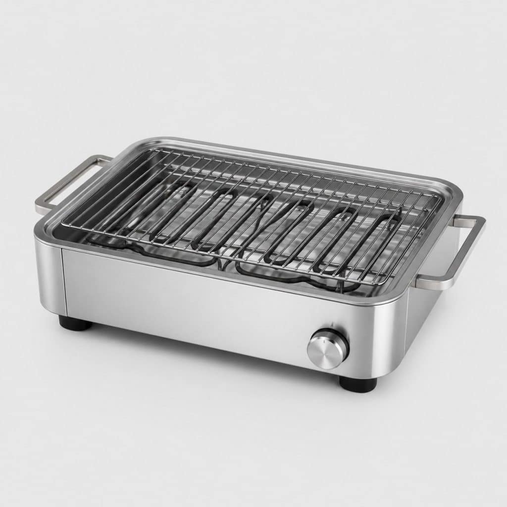 Barbecue électrique de table en acier argenté vu de trois quarts sur fond neutre