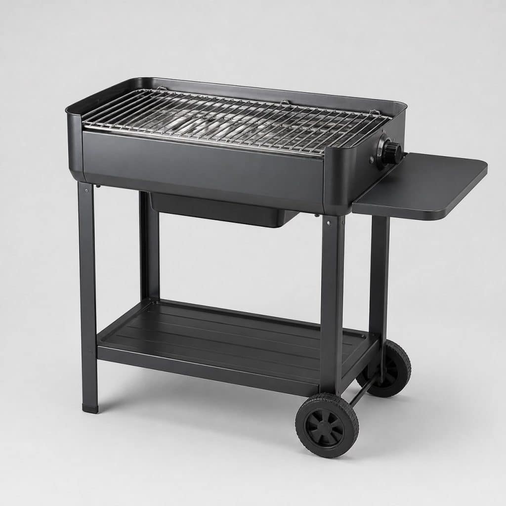 Barbecue électrique sur pied à chariot vu de trois quarts sur fond neutre