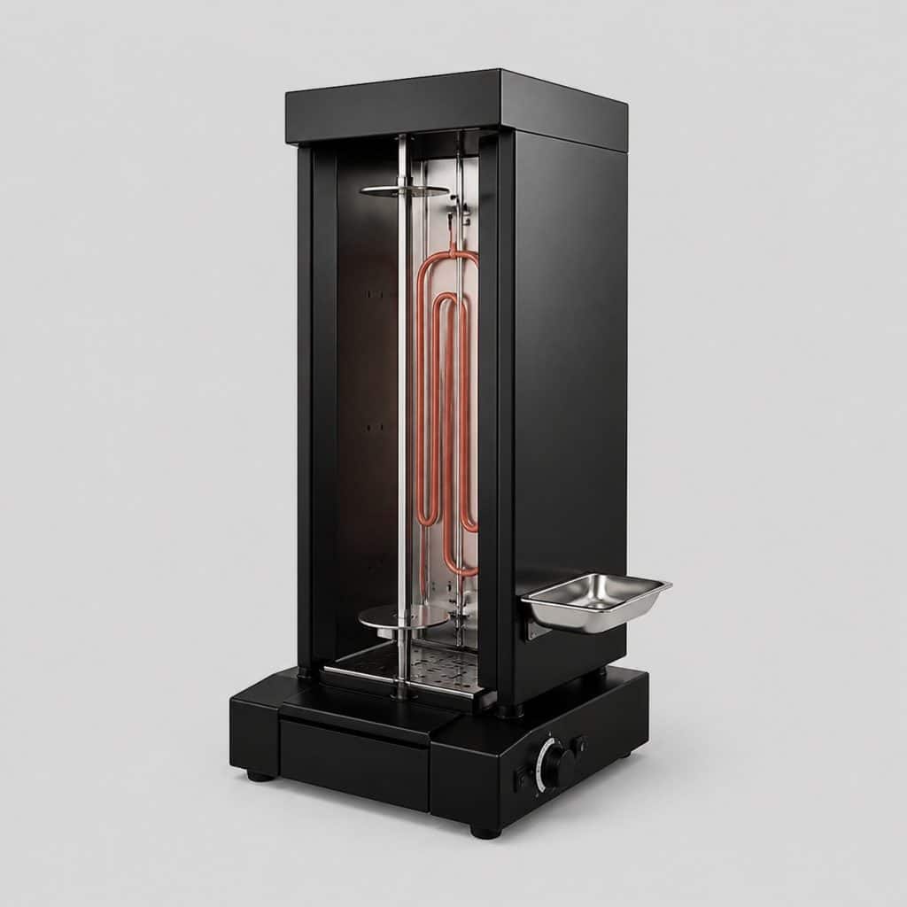 Barbecue électrique vertical à broche rotative vu de trois quarts sur fond neutre