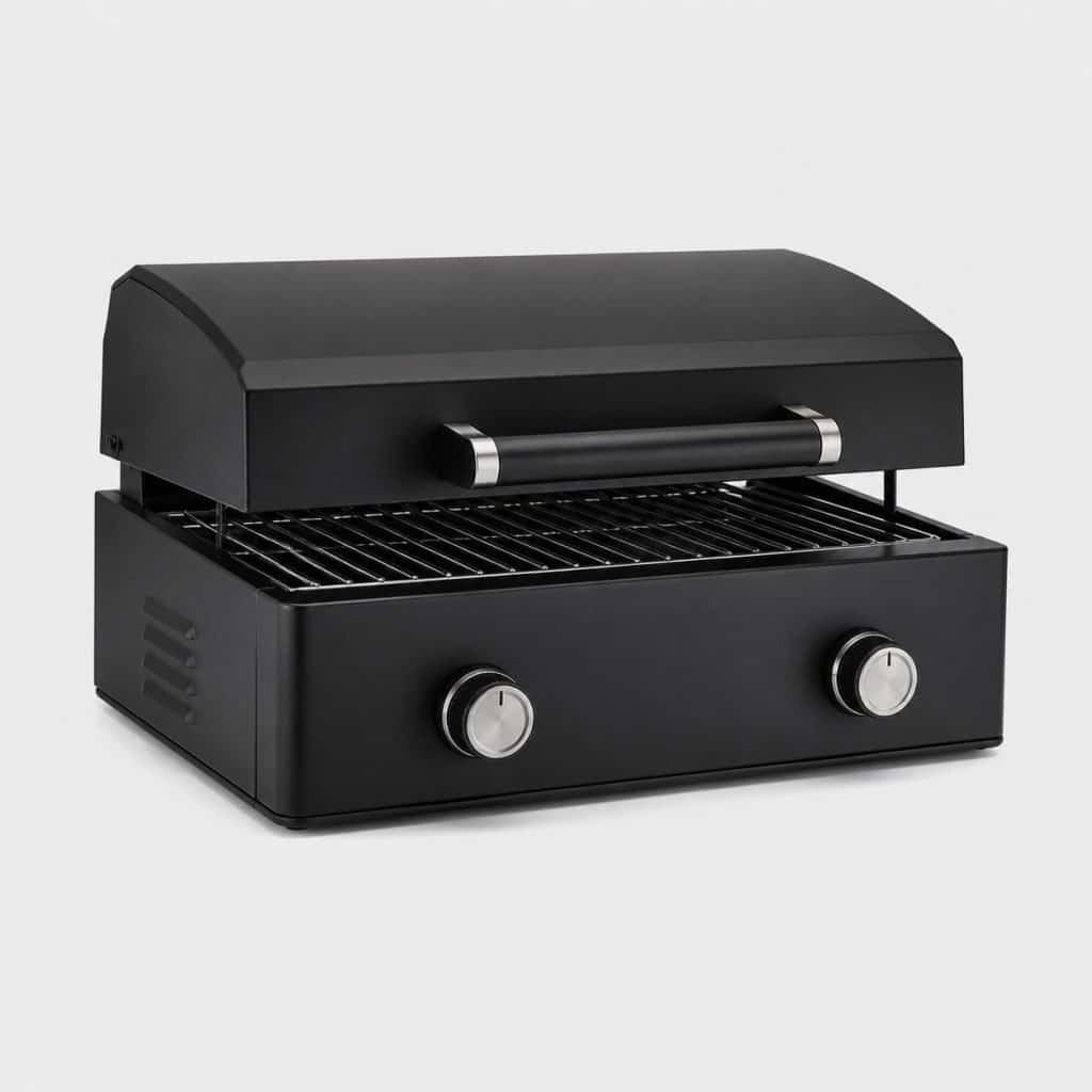 Barbecue à gaz à poser compact à base plate vu de trois quarts sur fond neutre