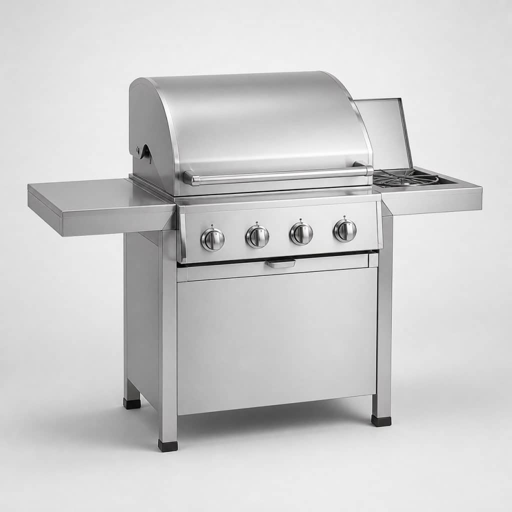 Barbecue à gaz à châssis en acier inoxydable à quatre brûleurs vu de trois quarts sur fond neutre
