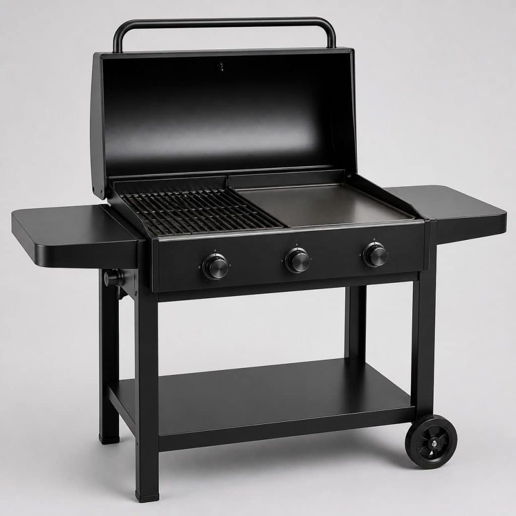 Barbecue à gaz combiné grille et plancha en fonte émaillée vu de trois quarts sur fond neutre