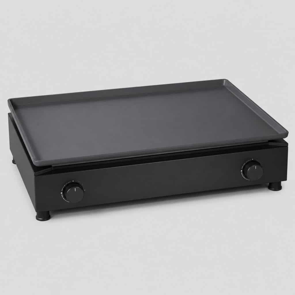Grande plancha électrique à plaque de cuisson large, vue de trois quarts sur fond neutre