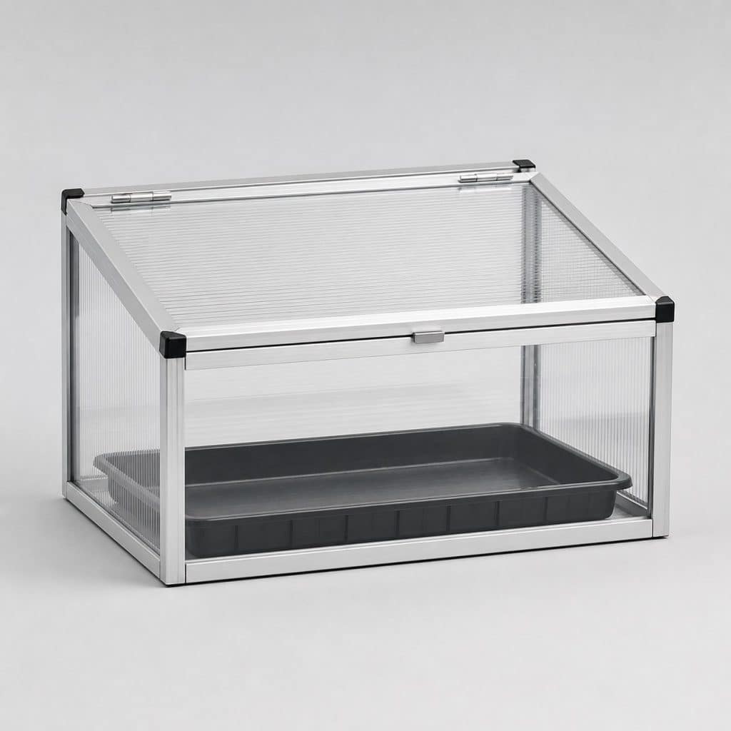 Mini serre d'intérieur à cadre aluminium et parois polycarbonate, vue de trois quarts sur fond neutre