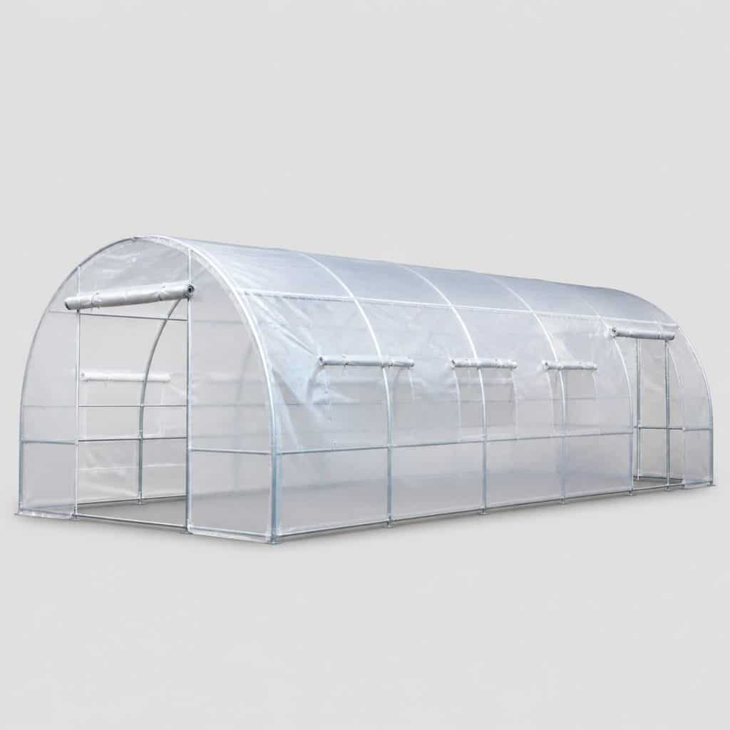 Grande serre tunnel de jardin à bâche transparente, vue de trois quarts sur fond neutre