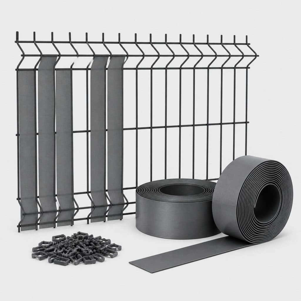 Lamelles occultantes PVC grises et clips pour panneau de grillage rigide