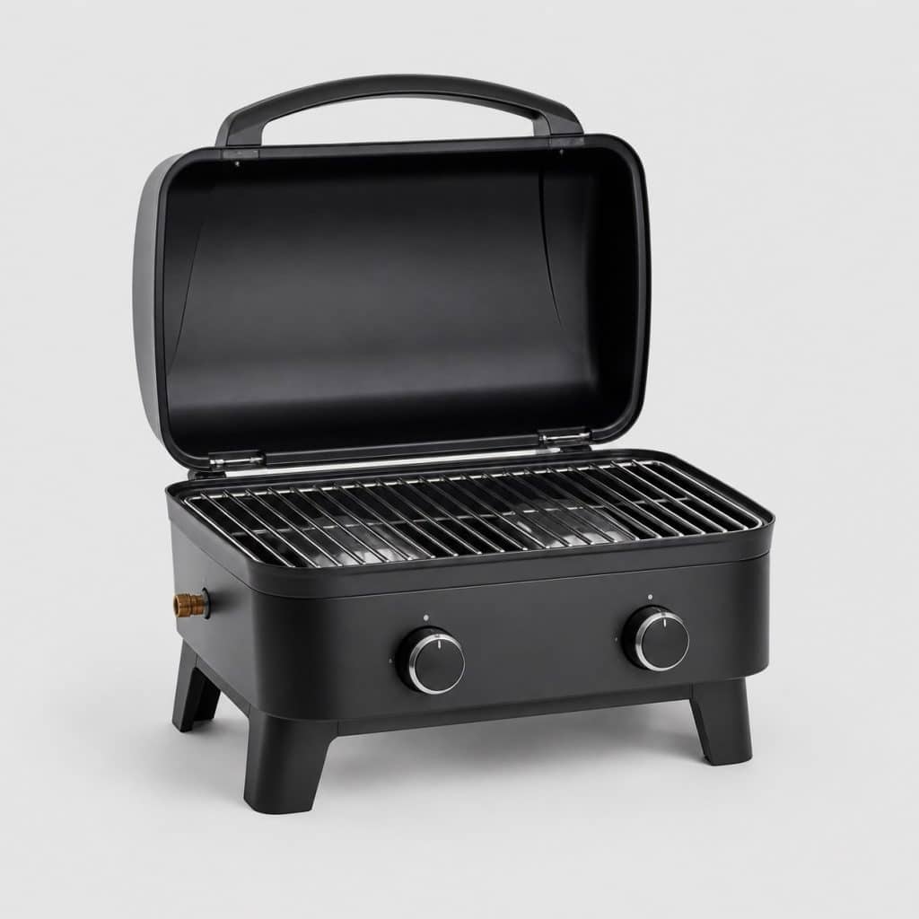 Petit barbecue à gaz à deux brûleurs vu de trois quarts sur fond neutre