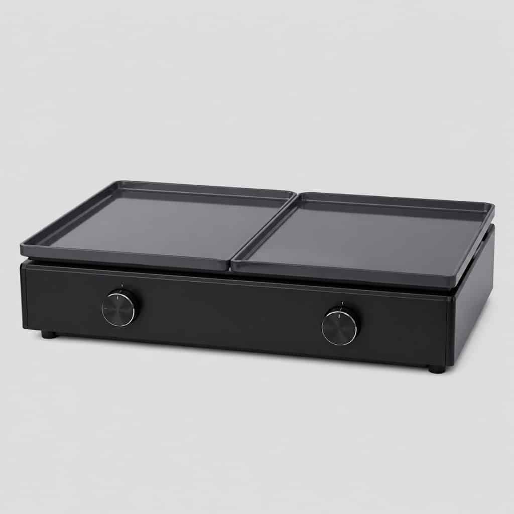 Plancha électrique à double zone de cuisson, vue de trois quarts sur fond neutre