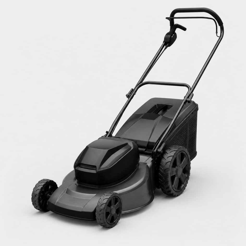 Tondeuse à batterie tractée à roues motrices vue de trois quarts sur fond neutre