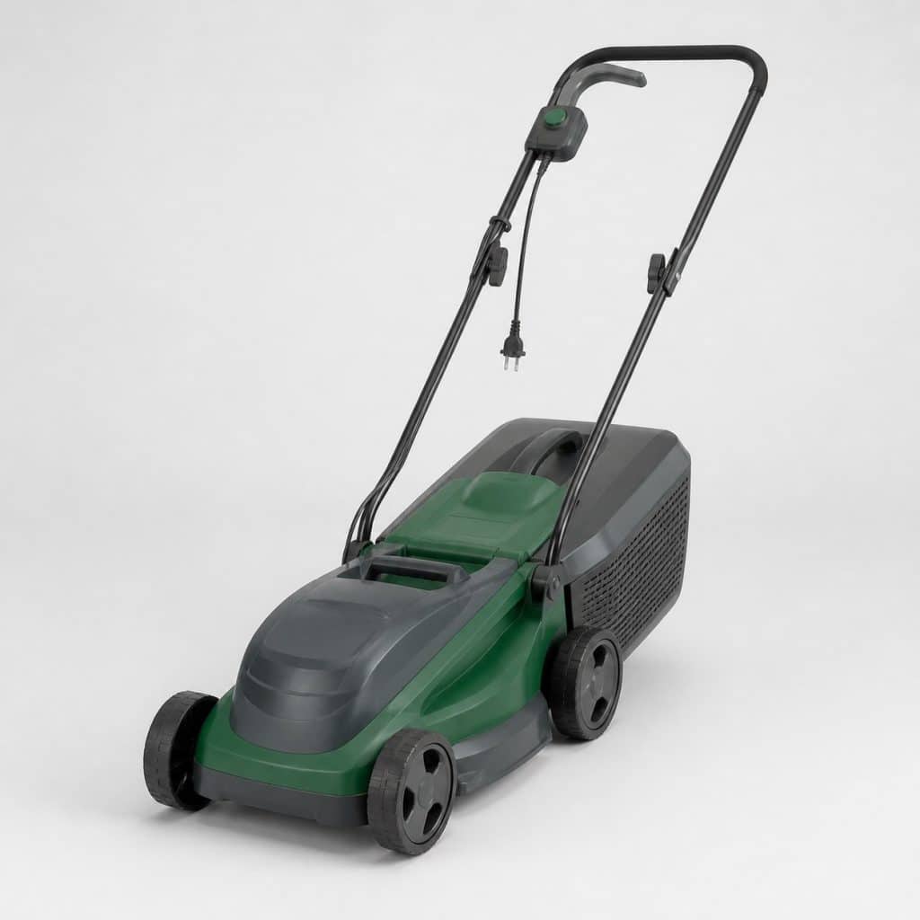 Tondeuse électrique filaire vue de trois quarts sur fond neutre