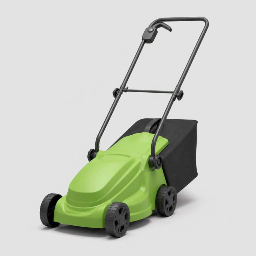 Petite tondeuse électrique compacte vue de trois quarts sur fond neutre