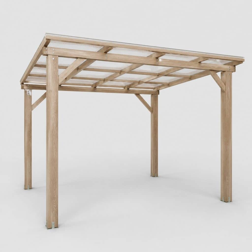Tonnelle à structure bois clair et toit polycarbonate sur fond neutre